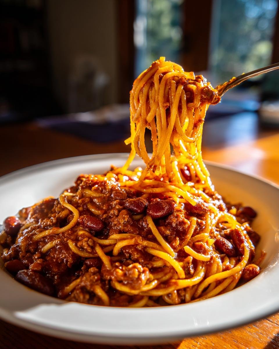 Nahaufnahme von Cowboy Spaghetti mit einer Gabel, die Nudeln mit reichhaltiger Chili-Sauce und Kidneybohnen hochhebt.