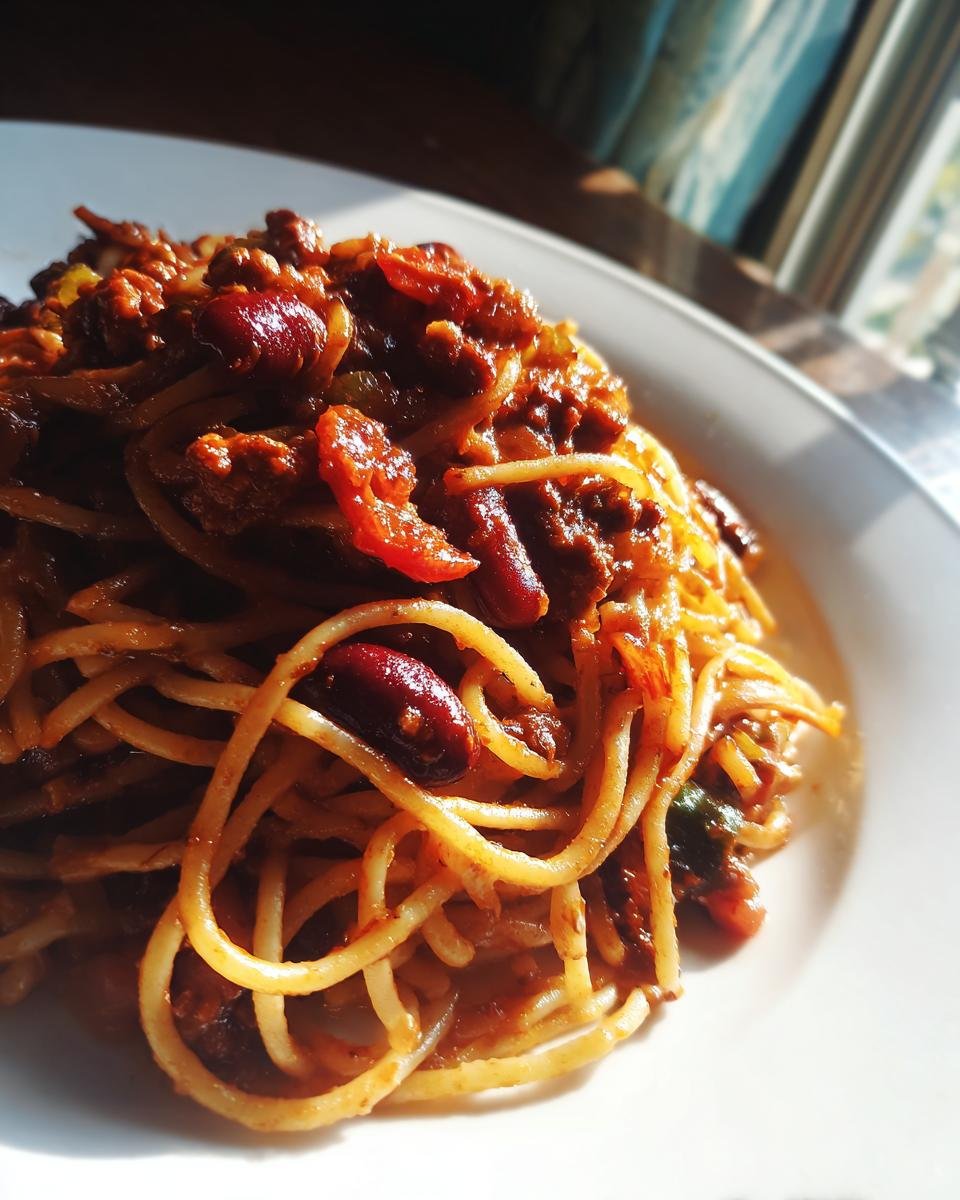 Nahaufnahme von leckeren Cowboy Spaghetti mit einer w&uuml;rzigen Hackfleischsauce und roten Kidneybohnen auf einem wei&szlig;en Teller.