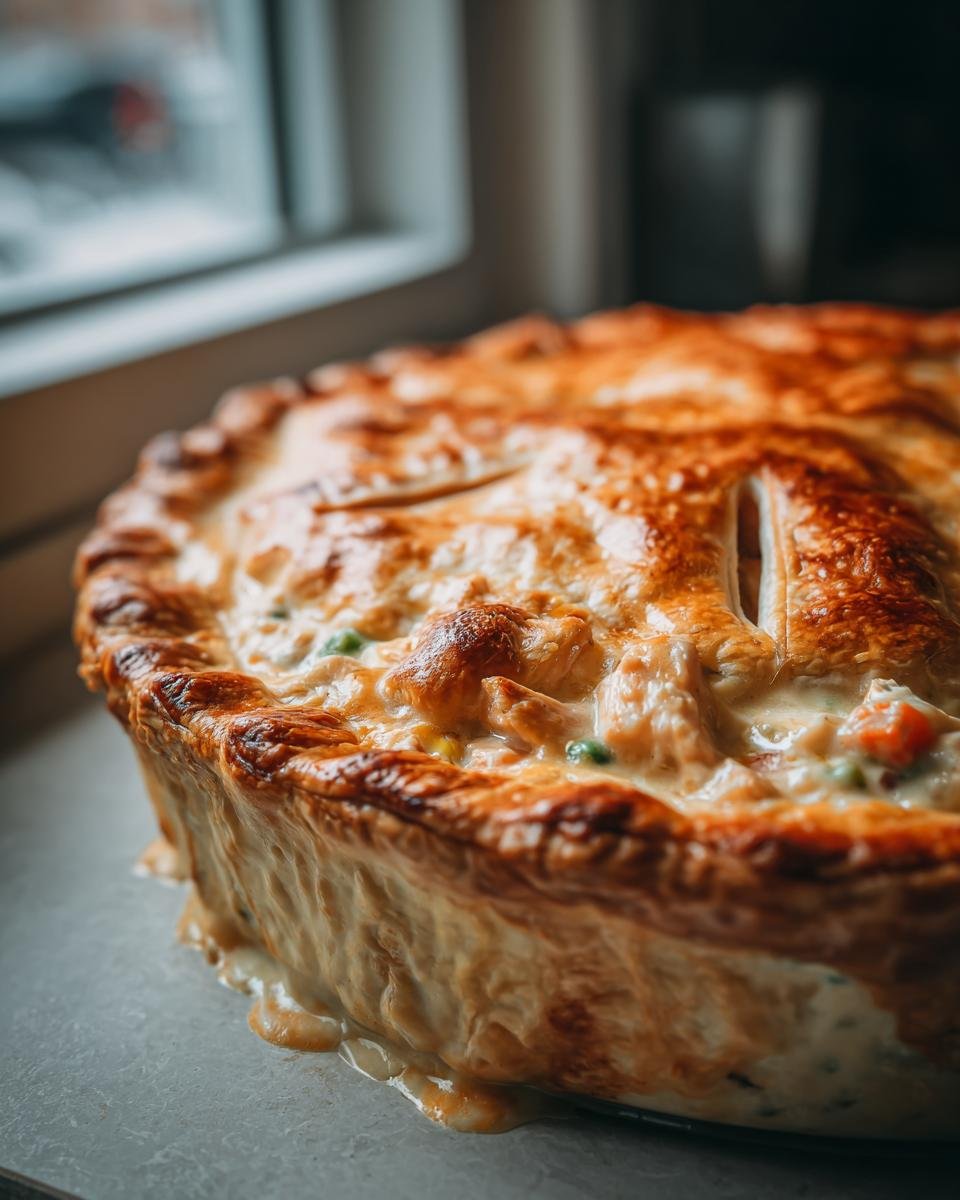 Nahaufnahme eines goldbraun gebackenen Cozy Chicken Pot Pie mit cremiger F&uuml;llung.
