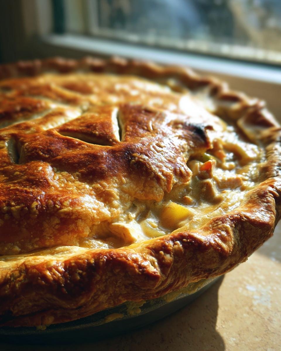 Nahaufnahme eines frisch gebackenen Cozy Chicken Pot Pie mit goldbrauner, bl&auml;ttriger Kruste.