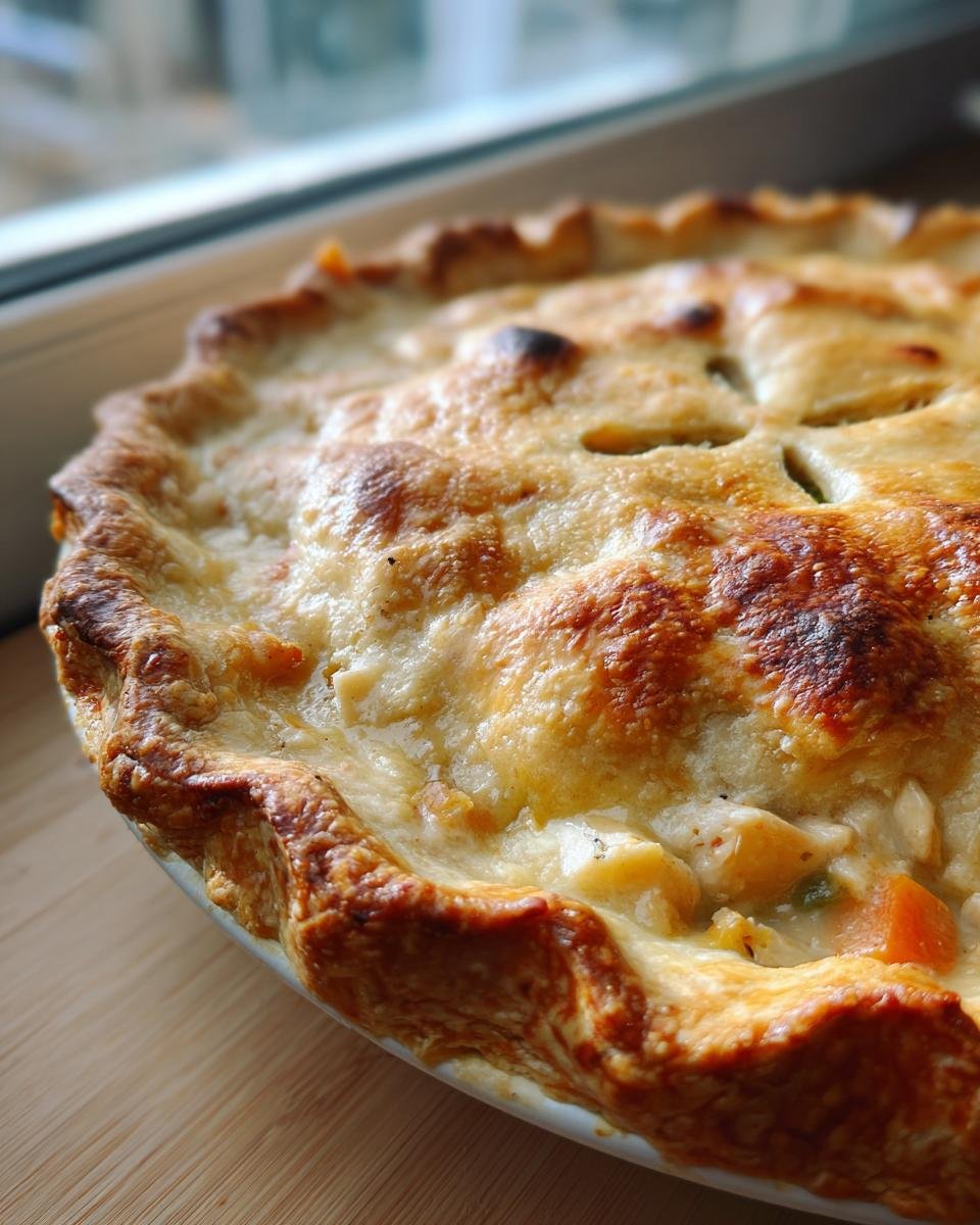 Nahaufnahme eines frisch gebackenen Cozy Chicken Pot Pie mit goldbrauner, bl&auml;ttriger Kruste.