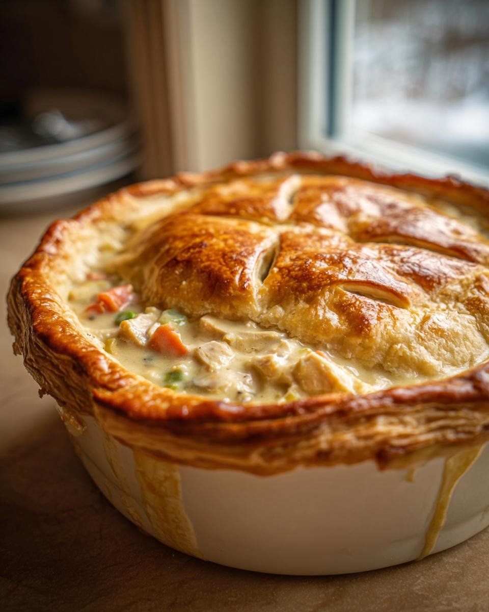 Nahaufnahme eines goldbraun gebackenen Cozy Chicken Pot Pie mit Bl&auml;tterteigkruste und cremiger F&uuml;llung.