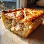 Nahaufnahme eines dicken St&uuml;cks Cozy Chicken Pot Pie mit goldbrauner Bl&auml;tterteigkruste und cremiger F&uuml;llung.