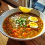 Eine Sch&uuml;ssel mit herzhafter Cozy Mock Turtle Soup, garniert mit halbierten Eiern, Schnittlauch und einer Zitronenspalte.