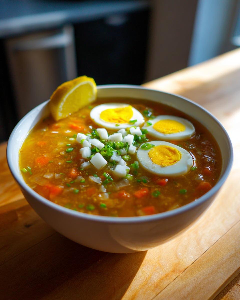 Eine Sch&uuml;ssel mit herzhafter Cozy Mock Turtle Soup, garniert mit hartgekochten Eiern und Zwiebeln.