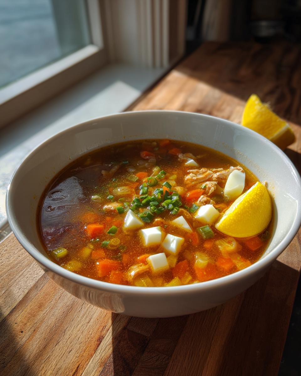 Eine Sch&uuml;ssel mit herzhafter Cozy Mock Turtle Soup, garniert mit Ei-W&uuml;rfeln und Schnittlauch.