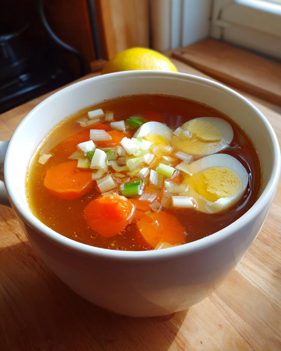 Nahaufnahme einer Tasse Cozy Mock Turtle Soup Rezept mit Eischeiben, Karottenscheiben und Fr&uuml;hlingszwiebeln.