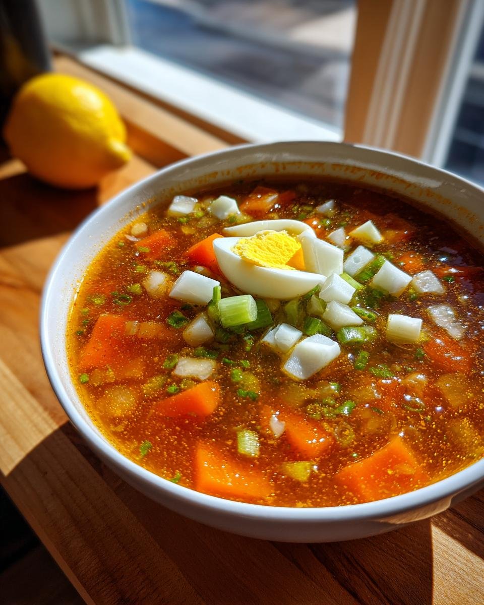 Eine Sch&uuml;ssel mit Cozy Mock Turtle Suppe, garniert mit hartgekochtem Ei, Karottenst&uuml;cken und Fr&uuml;hlingszwiebeln.