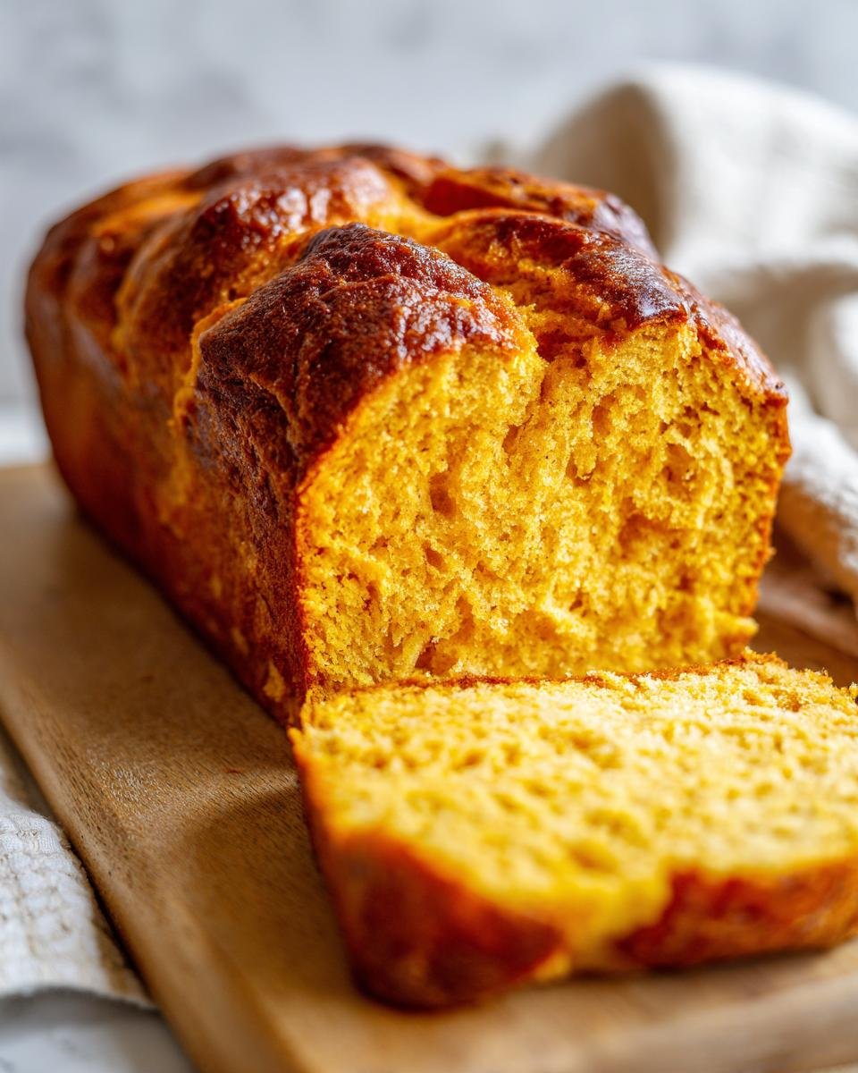 Ein angeschnittenes Cozy Pumpkin Pull Rezept mit goldbrauner Kruste auf einem Holzbrett.