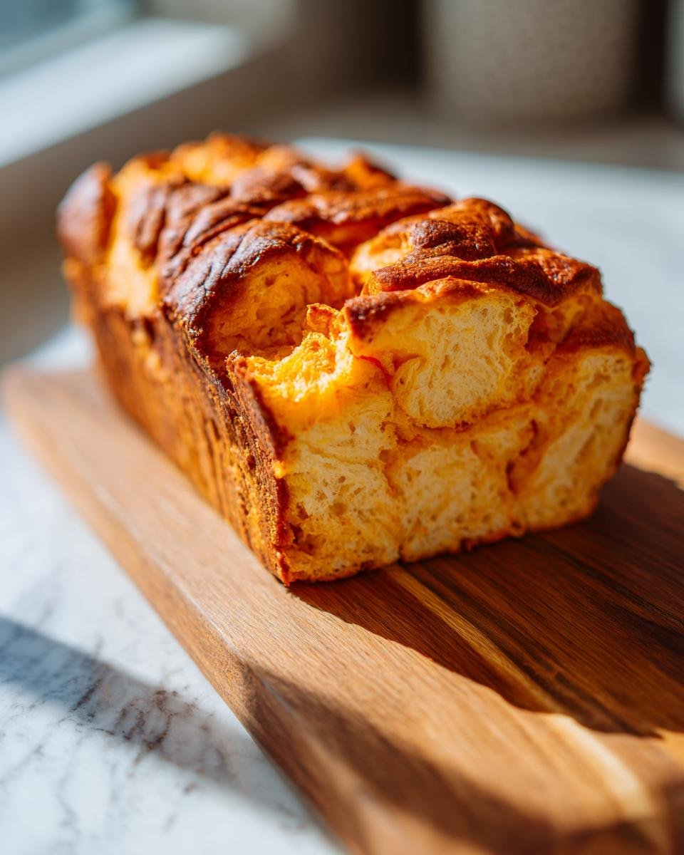 Ein Laib frisch gebackenes Cozy Pumpkin Pull Recipe Brot mit goldbrauner Kruste auf einem Holzbrett.