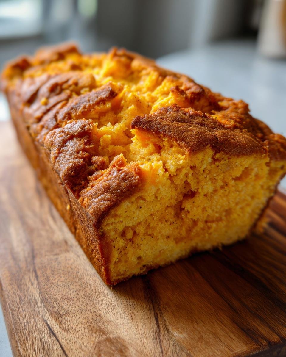 Nahaufnahme eines frisch gebackenen Laibs des Cozy Pumpkin Pull Rezepts auf einem dunklen Holzbrett.