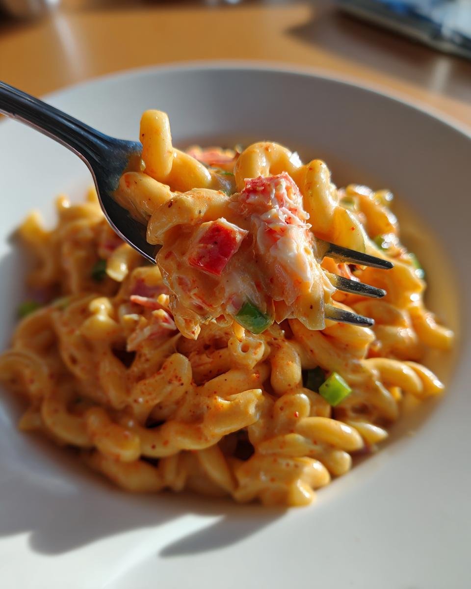 Nahaufnahme von Gabel mit Creamy Cajun Crab Pasta Salad, bedeckt mit cremiger Sauce und Krabbenst&uuml;cken.