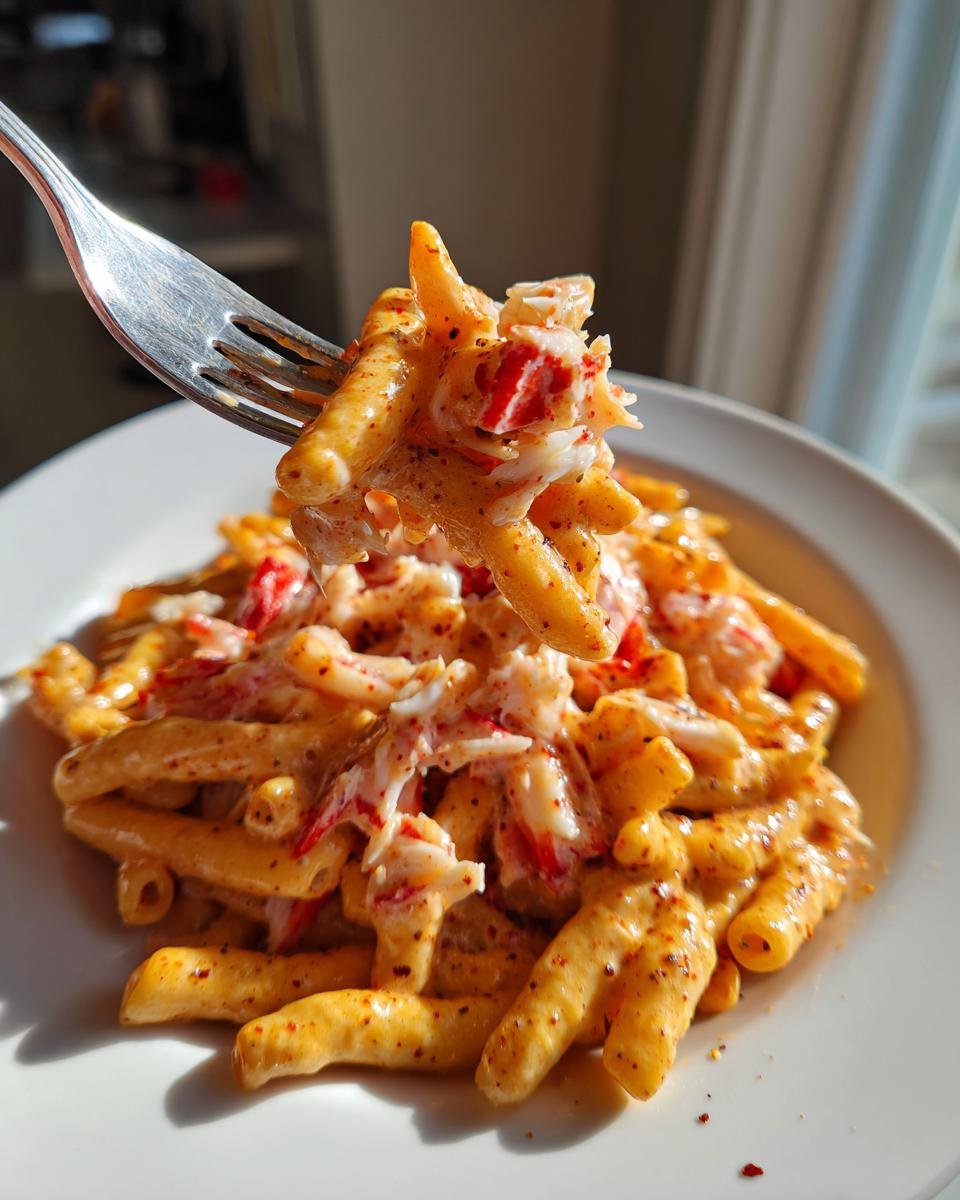 Nahaufnahme von cremiger Creamy Cajun Crab Pasta Salad, der mit einer Gabel hochgehoben wird.