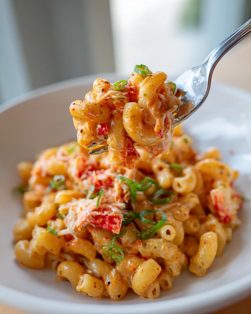 Nahaufnahme von cremigem Cajun Crab Pasta Salat, der mit einer Gabel hochgehoben wird, garniert mit Fr&uuml;hlingszwiebeln.