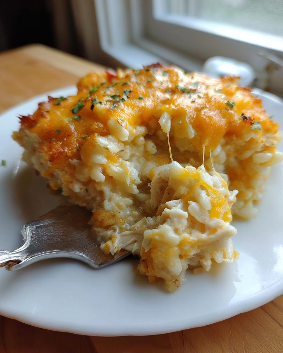 Ein St&uuml;ck cremiger H&auml;hnchen-Reis-Auflauf mit geschmolzenem K&auml;se, der F&auml;den zieht, auf einem wei&szlig;en Teller.