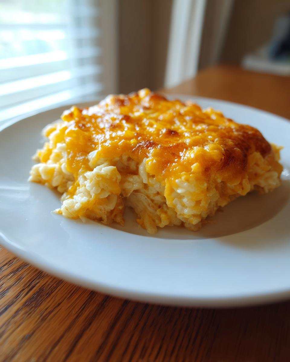 Ein St&uuml;ck cremiger H&auml;hnchen-Reis-Auflauf mit goldbraun &uuml;berbackenem K&auml;se auf einem wei&szlig;en Teller.