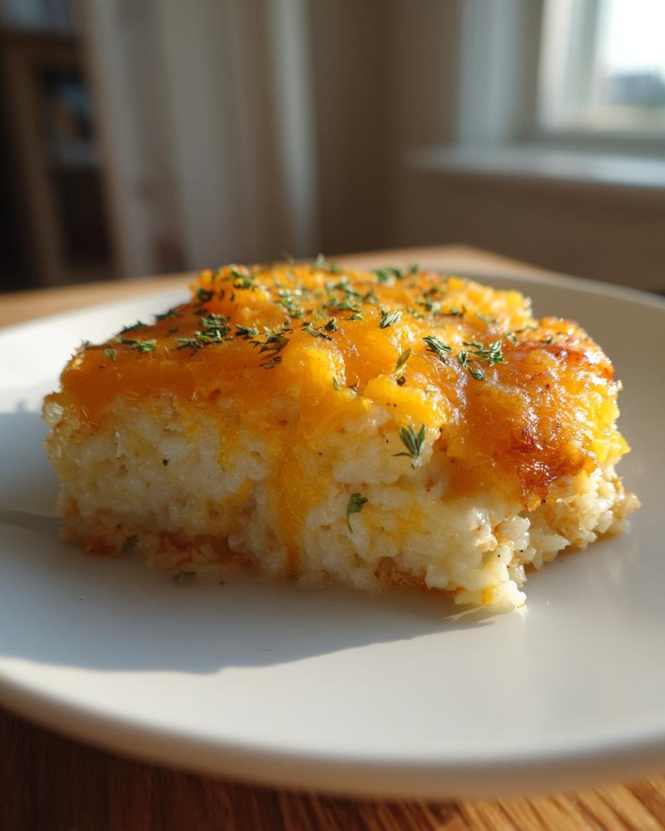 Ein St&uuml;ck des cremigen H&auml;hnchen-Reis-Auflaufs mit geschmolzenem Cheddar und Petersilie.