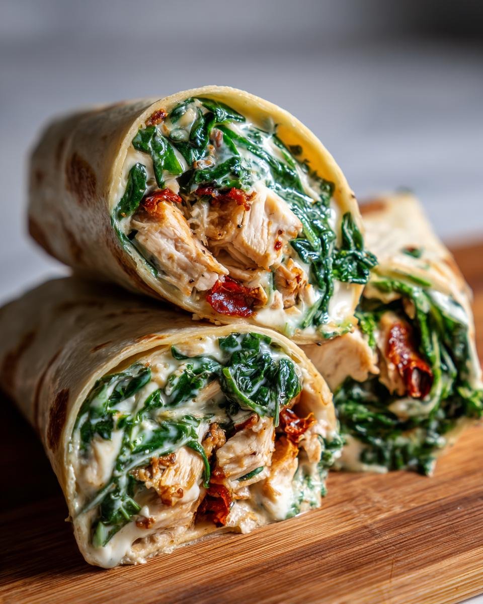 Angeschnittene Creamy Garlic Chicken Spinach Wraps mit H&auml;hnchenst&uuml;cken, Spinat und getrockneten Tomaten.