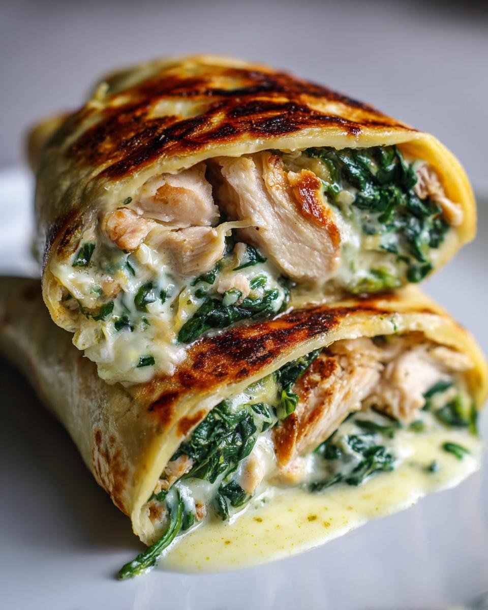 Aufgeschnittene Creamy Garlic Chicken Spinach Wraps mit saftigem H&auml;hnchen und cremiger Spinatf&uuml;llung.
