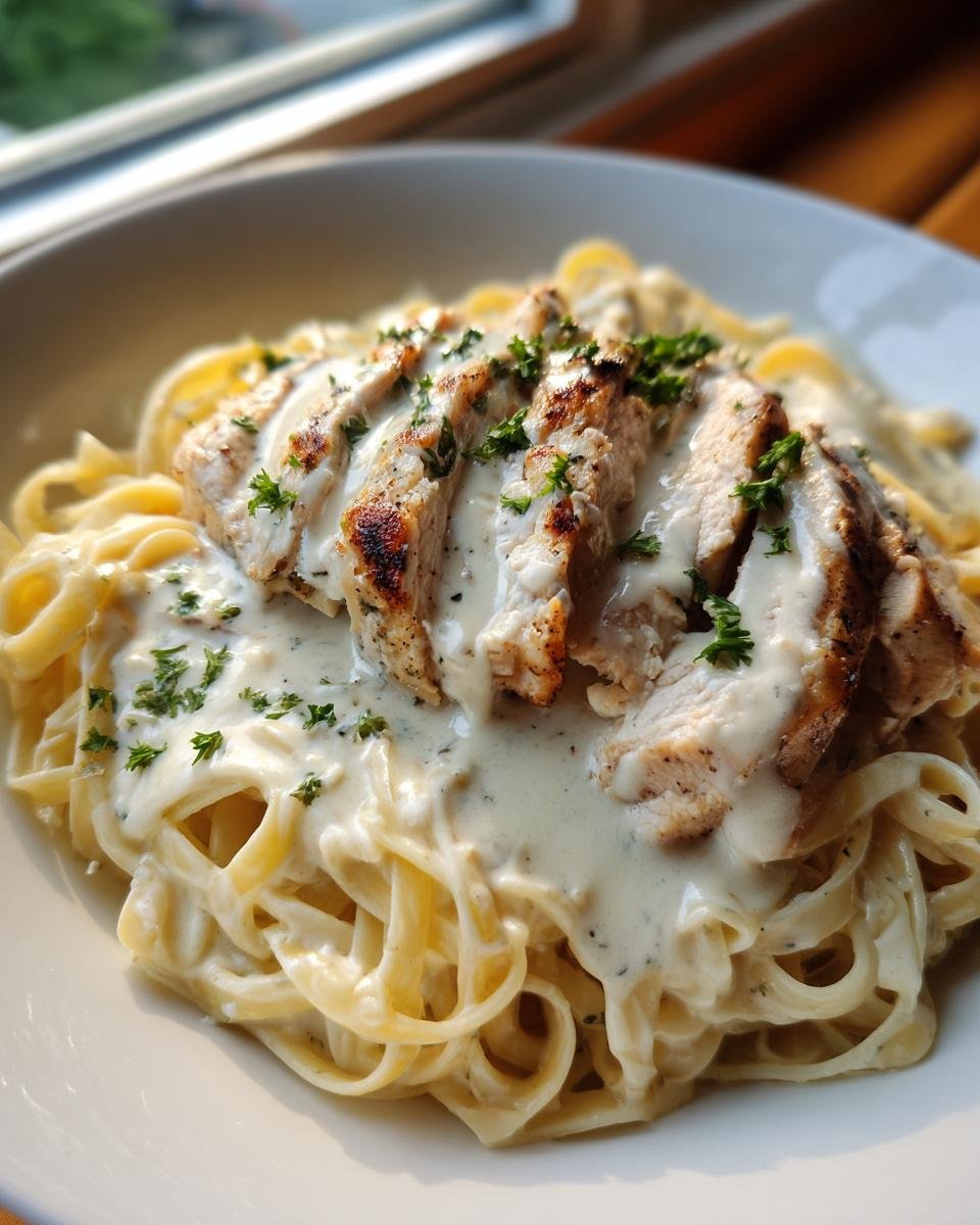 Teller mit Creamy Grilled Chicken Alfredo Pasta, belegt mit geschnittenem H&auml;hnchen und Petersilie.