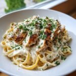 Nahaufnahme von Creamy Grilled Chicken Alfredo Pasta mit gegrilltem H&auml;hnchen und Petersilie.
