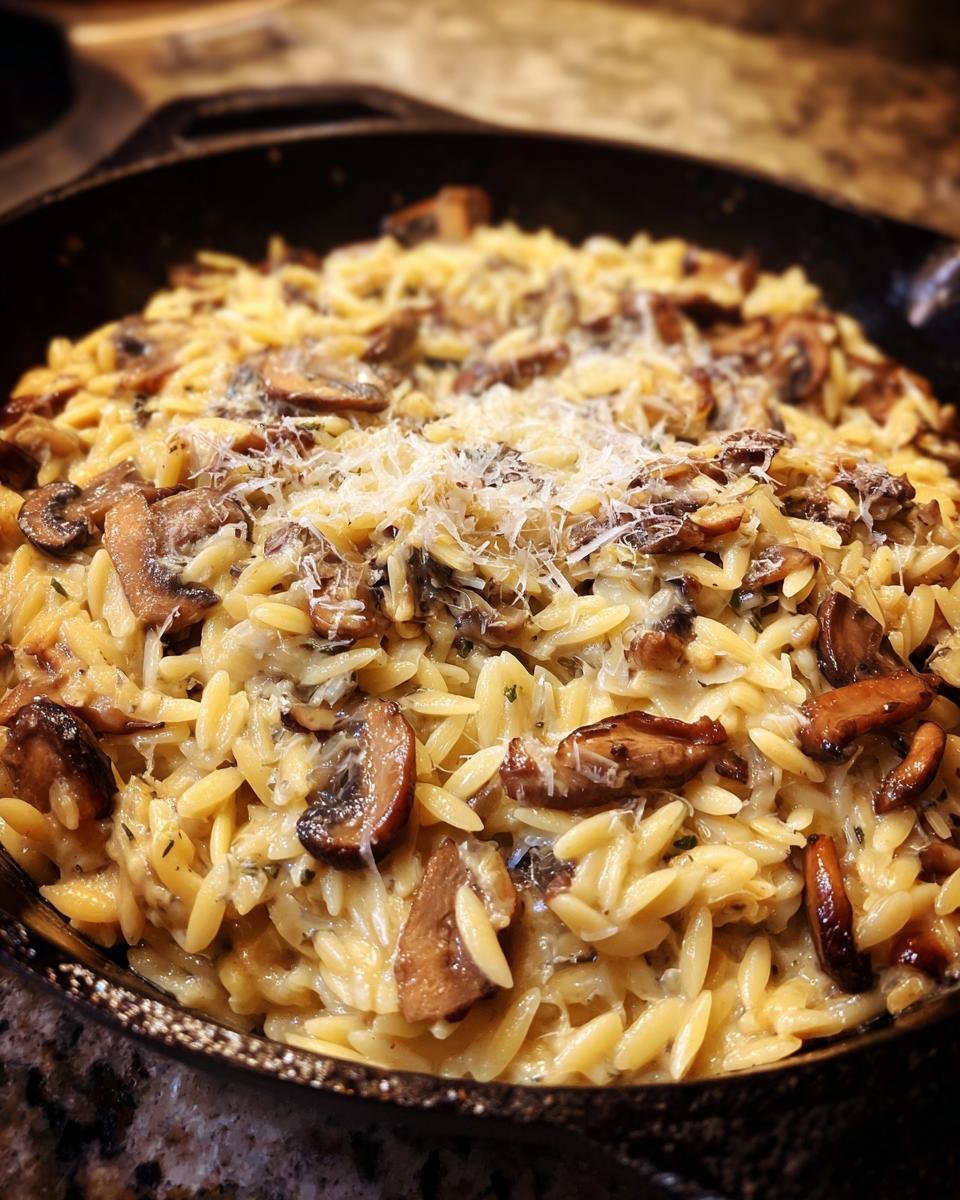 Nahaufnahme von cremigem Pilz-Orzo aus der Pfanne, bestreut mit Parmesan.