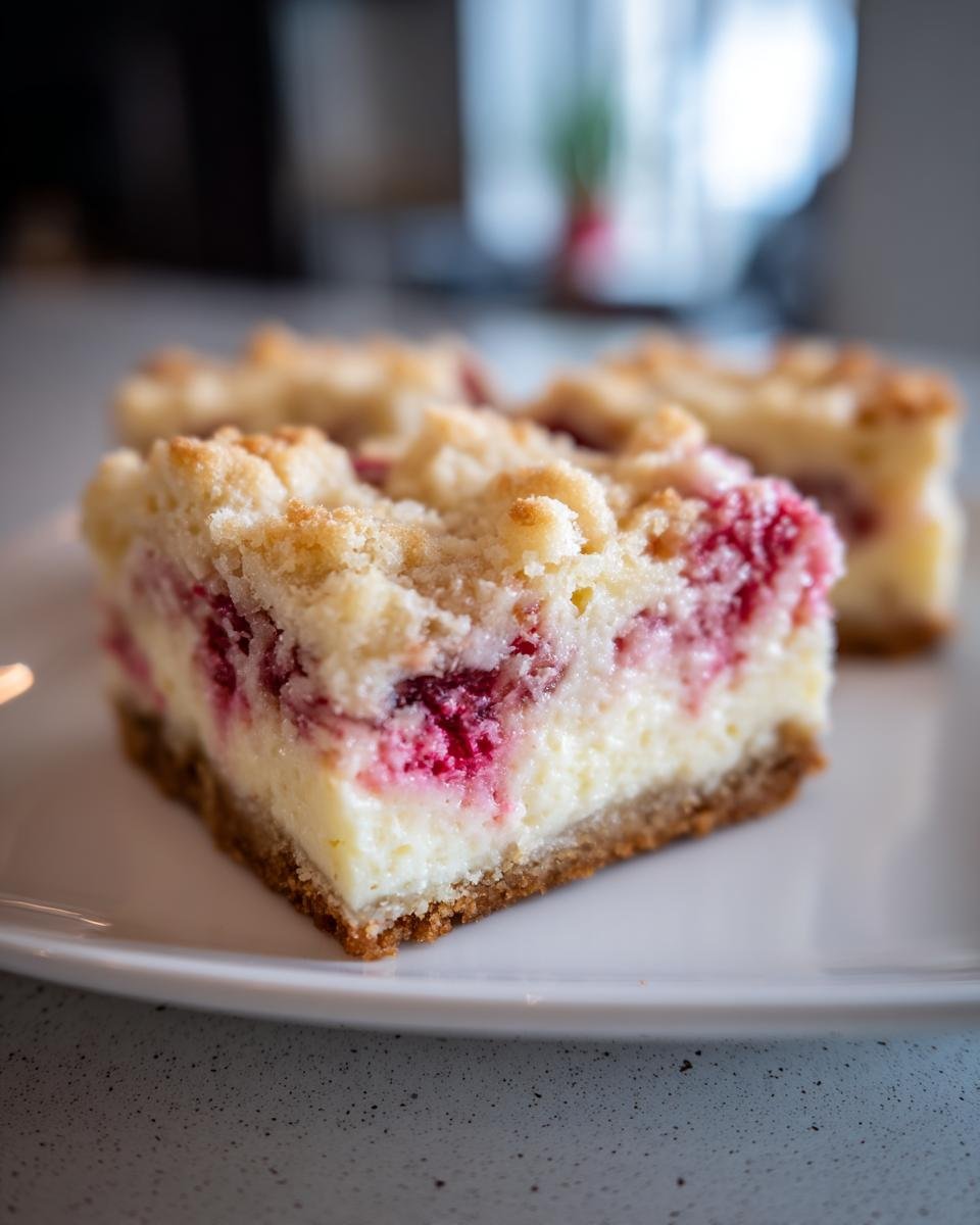 Ein St&uuml;ck cremiger Rhabarber Cheesecake Crumble Bars Rezept mit knusprigen Streuseln auf einem wei&szlig;en Teller.