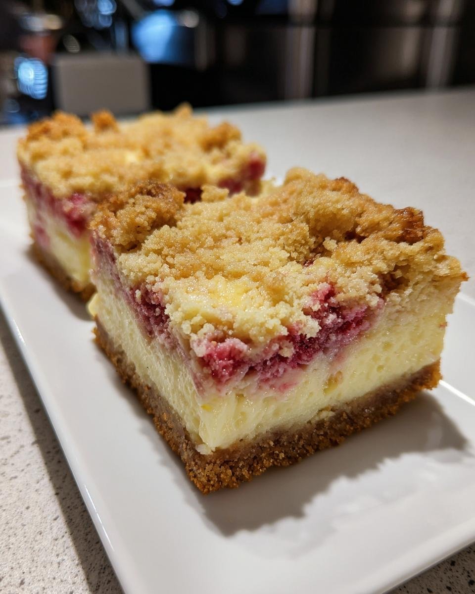 Zwei St&uuml;cke Creamy Rhubarb Cheesecake Crumble Bars Rezept auf einem wei&szlig;en Teller.
