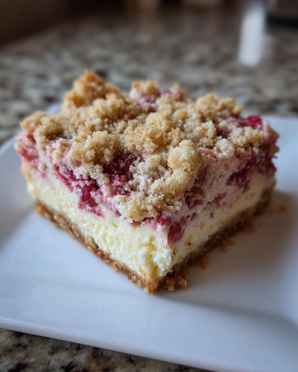 Ein St&uuml;ck Creamy Rhubarb Cheesecake Crumble Bars mit Keksboden, cremiger F&uuml;llung und Streuseln.