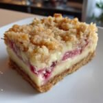 Ein St&uuml;ck Creamy Rhubarb Cheesecake Crumble Bars Rezept mit knusprigen Streuseln und cremiger F&uuml;llung.