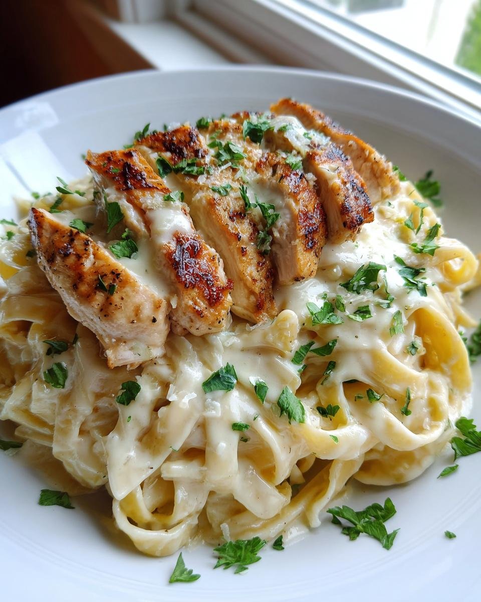 Teller mit cremiger Gegrillte H&auml;hnchen Alfredo Pasta, garniert mit Petersilie.