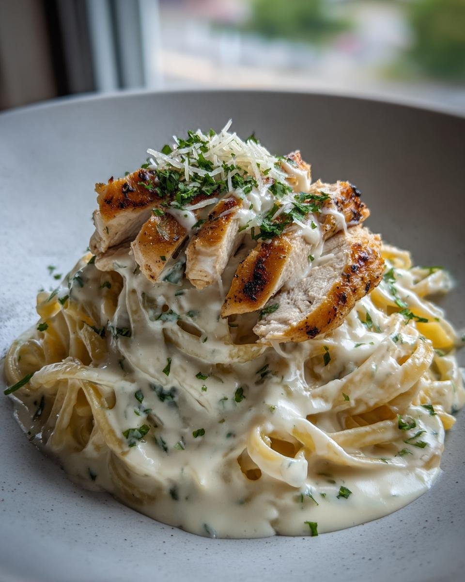 Nahaufnahme von cremiger Gegrillte H&auml;hnchen Alfredo Pasta mit gegrillten H&auml;hnchenscheiben und Petersilie.