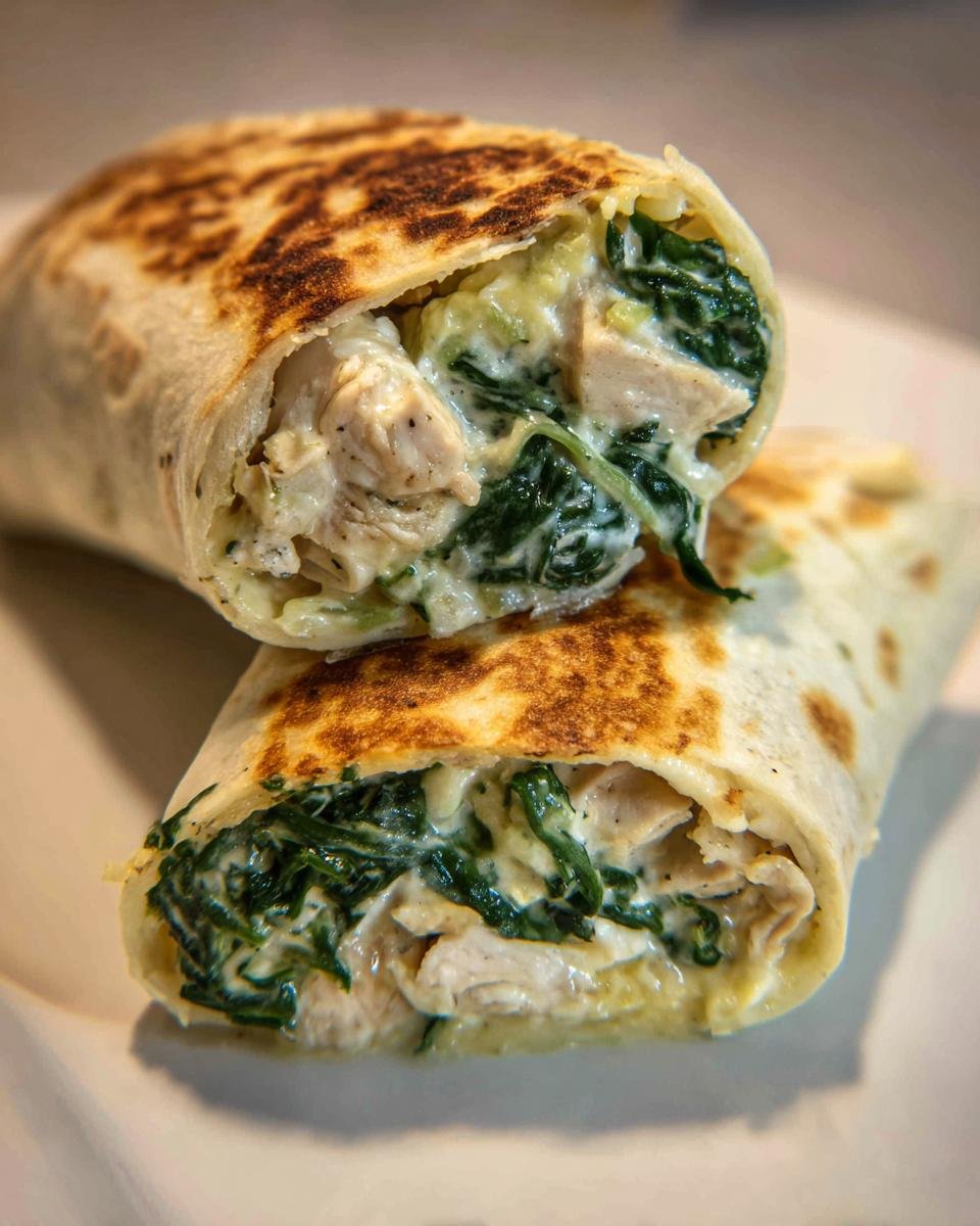 Angeschnittener Wrap gef&uuml;llt mit H&auml;hnchenst&uuml;cken, Spinat und cremiger Knoblauchso&szlig;e: Cremige Knoblauch H&auml;hnchen Spinat Wraps.