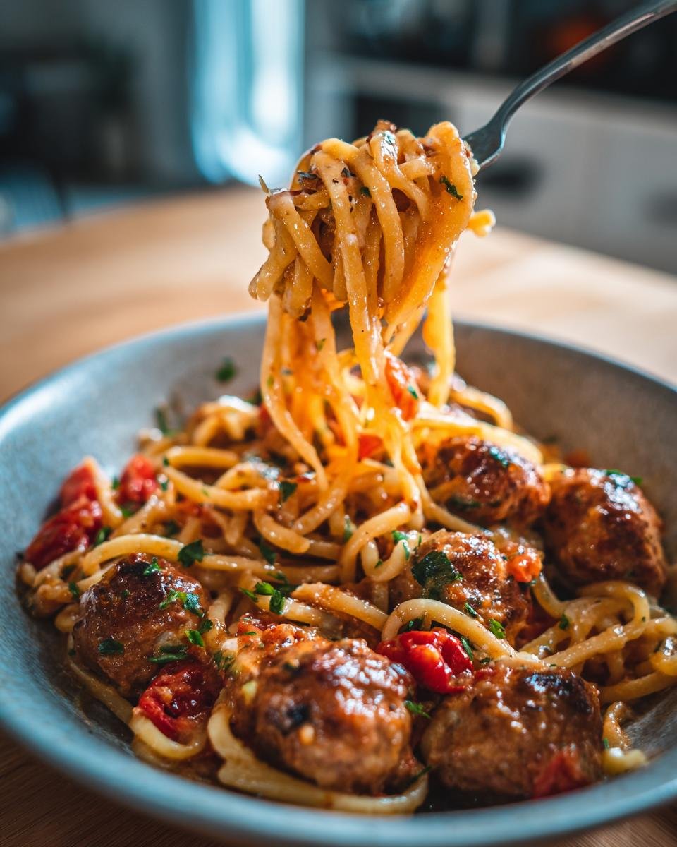 Eine Gabel wird mit cremiger Pasta und einer Hangkugel aus dem Delicious Garlic Butter Chicken Balls Creamy Pasta Gericht gezogen.