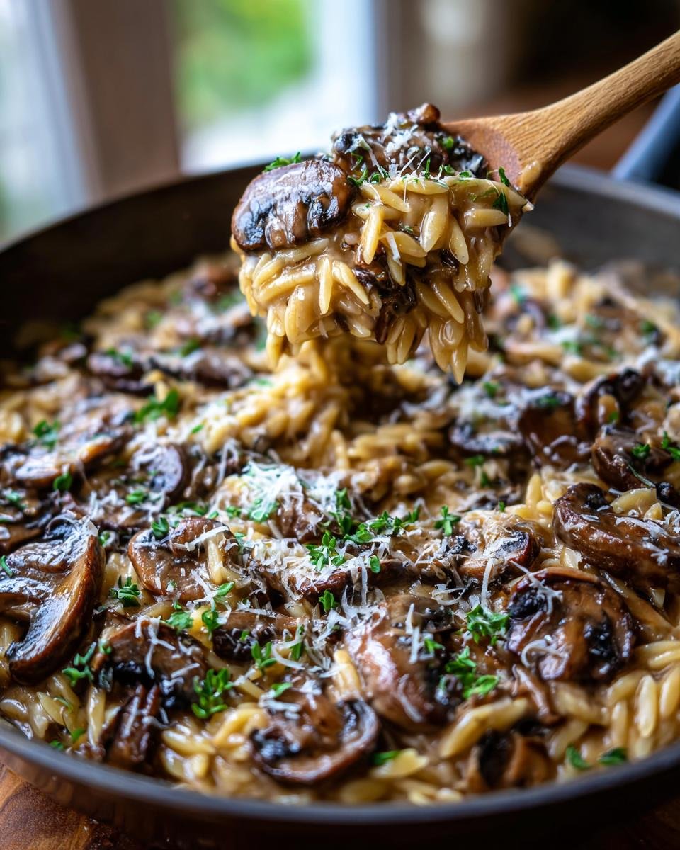 Holzl&ouml;ffel hebt cremiges Pilz-Orzo aus einer Pfanne, garniert mit Parmesan und Petersilie.