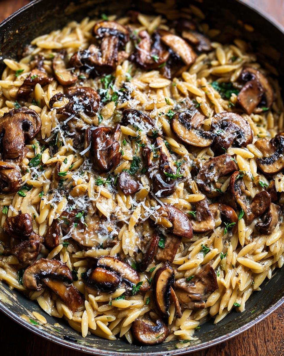 Nahaufnahme des cremigen Pilz-Orzo-Pfannengerichts mit gebratenen Pilzen und Parmesan.