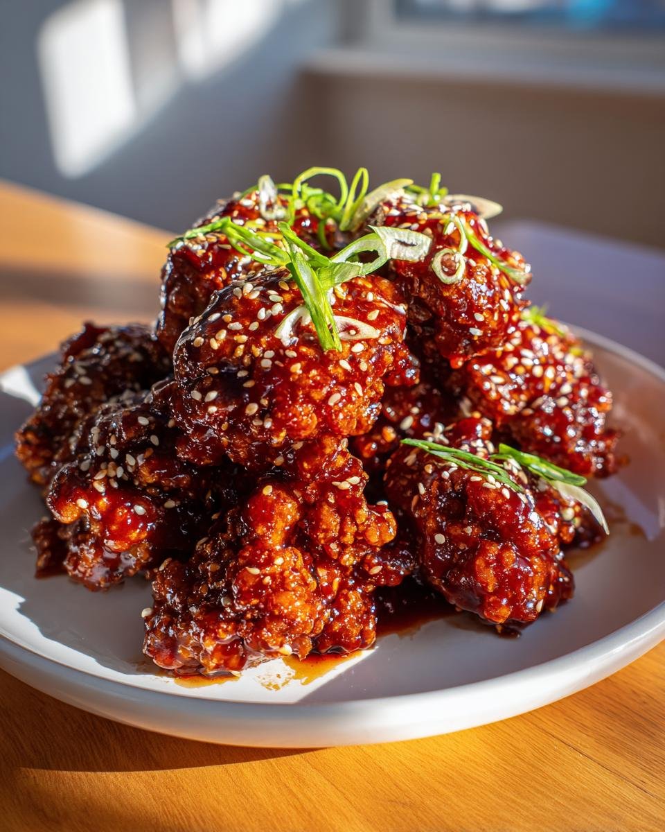 Nahaufnahme von Crispy Sweet Spicy Korean Chicken, glasiert und bestreut mit Sesam und Fr&uuml;hlingszwiebeln.