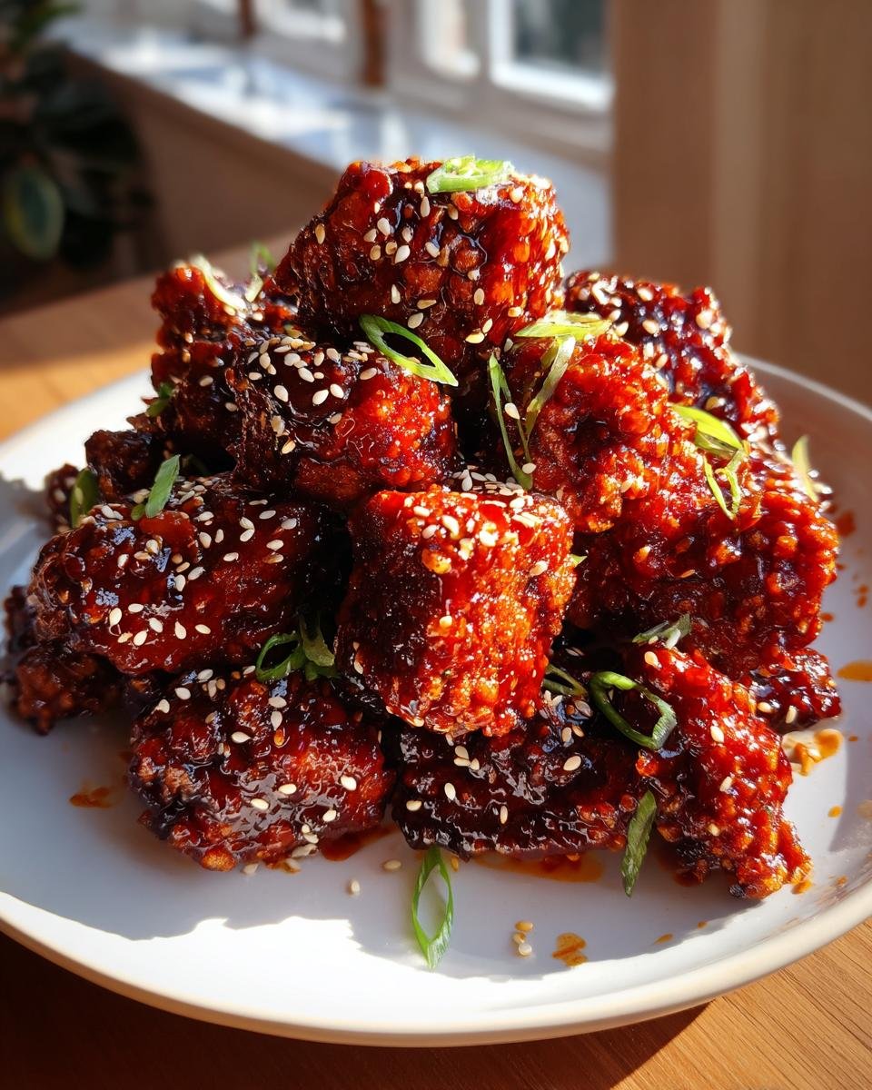 Ein Haufen knuspriges s&uuml;&szlig;-scharfes koreanisches H&auml;hnchen, glasiert und bestreut mit Sesam und Fr&uuml;hlingszwiebeln.