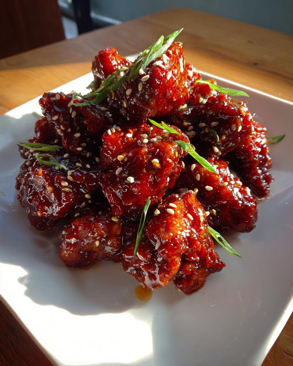 Nahaufnahme von Crispy Sweet Spicy Korean Chicken, glasiert und bestreut mit Sesam und Fr&uuml;hlingszwiebeln.