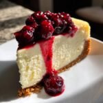 Ein St&uuml;ck Decadent Berry Cheesecake mit cremigem Vanillegeschmack und dunklem Beerentop.