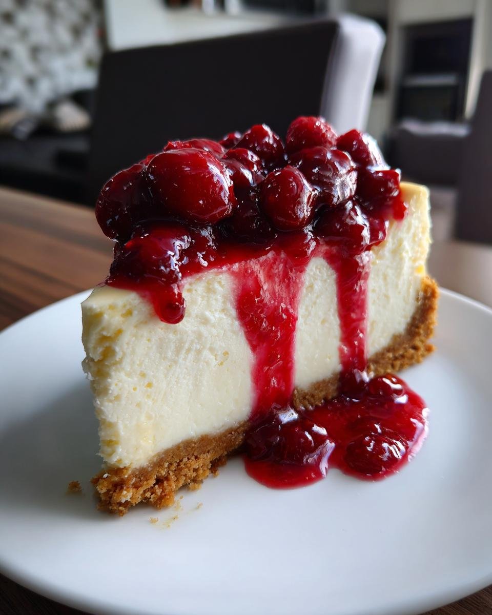 Ein St&uuml;ck Decadent Berry Cheesecake mit cremiger Vanillef&uuml;llung und rotem Beerentop-ing auf einem wei&szlig;en Teller.