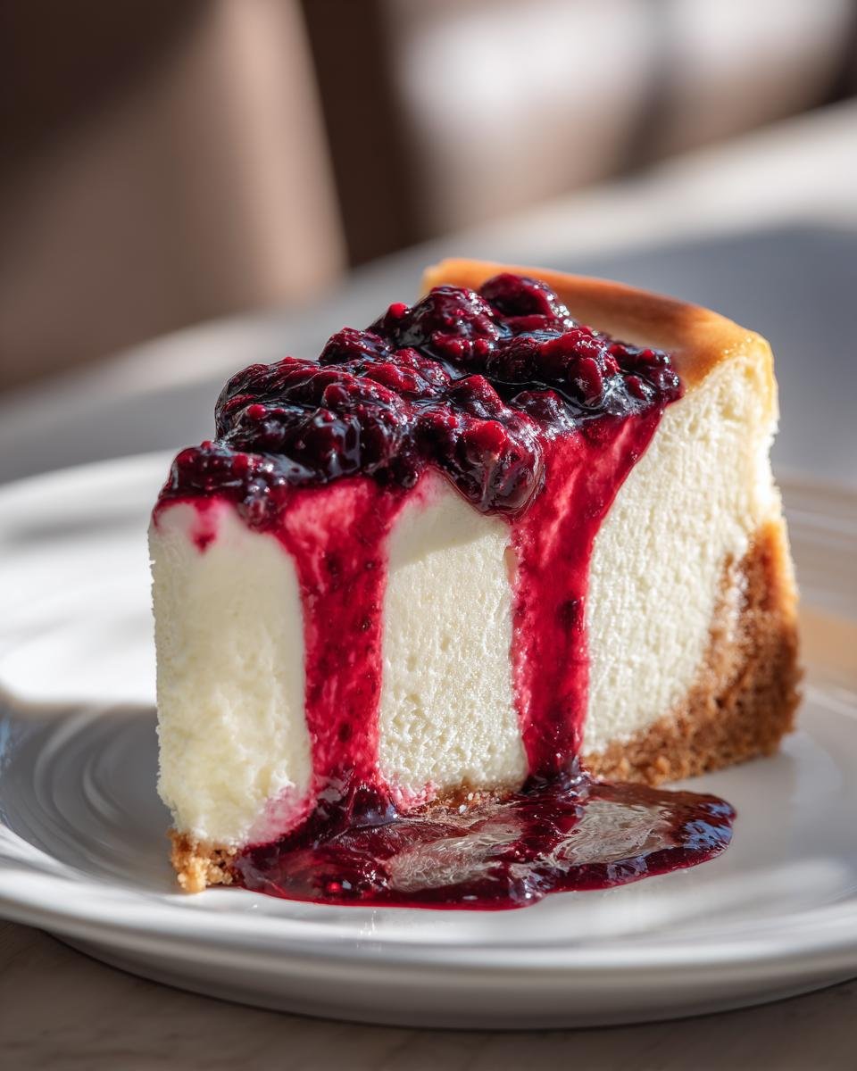 Ein St&uuml;ck Decadent Berry Cheesecake mit cremiger Vanillef&uuml;llung und dunklem Beerenspiegel.