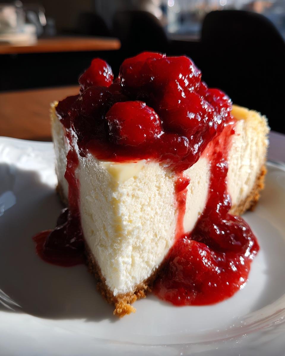 Ein St&uuml;ck Decadent Berry Cheesecake mit cremiger Vanillef&uuml;llung und leuchtendem Beerentop.