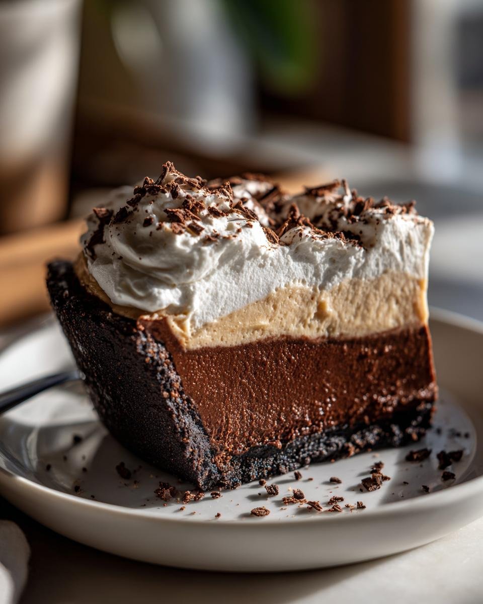 Nahaufnahme eines St&uuml;cks Decadent No Bake Chocolate Peanut Butter Pie mit Schokoladenkruste und Sahnetupfern.