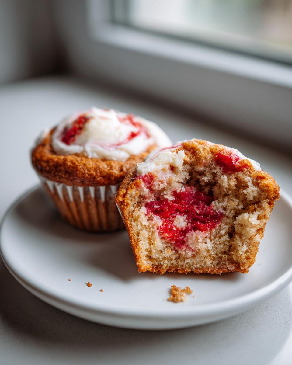 Nahaufnahme eines aufgeschnittenen Decadent Strawberry Cream Cheese Muffins mit roter F&uuml;llung.