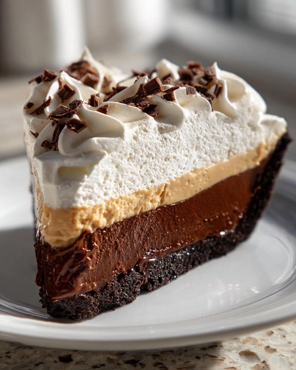 Ein gro&szlig;es St&uuml;ck Dekadent No Bake Chocolate Peanut Butter Pie mit Schokoladenboden, Schokoladenf&uuml;llung, Erdnussbutterf&uuml;llung und Sahnetupfern.