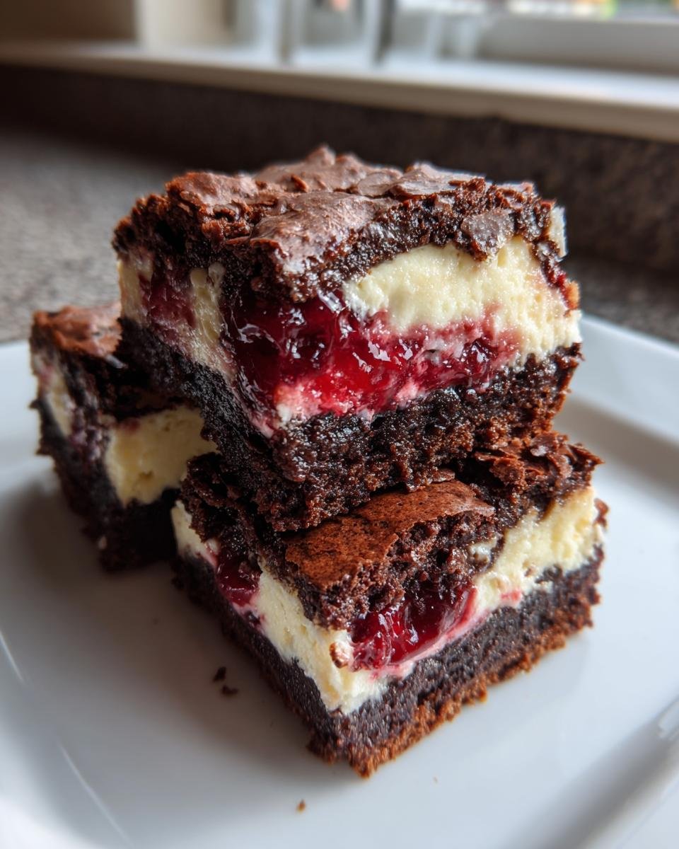 Gestapelte St&uuml;cke von Decadent Cherry Cheesecake Brownies Bars mit dunklem Schokoladenboden und Kirschf&uuml;llung.