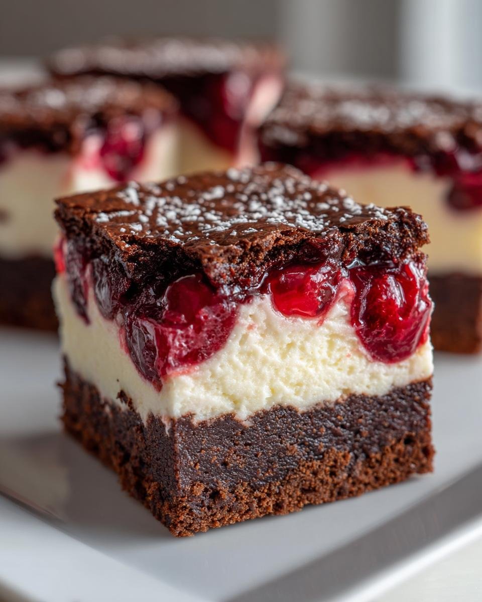 Nahaufnahme eines St&uuml;cks Dekadente Kirsch-Cheesecake Brownies Riegel mit Schokoboden und Kirschtopping.
