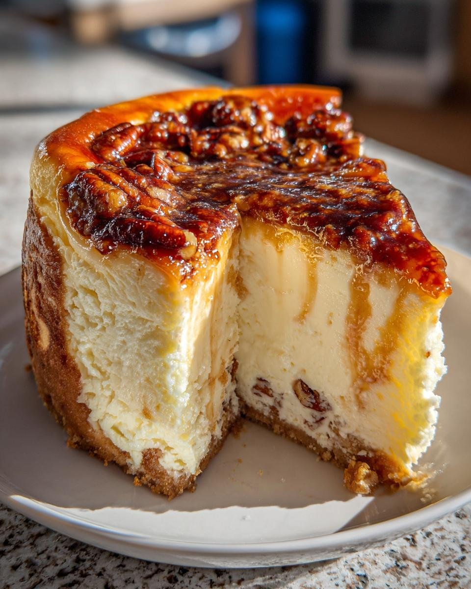 Anschnitt eines cremigen K&auml;sekuchens mit karamellisierten Pekann&uuml;ssen als Topping: Dekadenter Creme Brulee Karamell Pekannuss Kuchen.