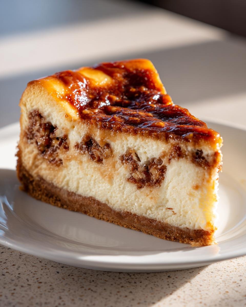 Nahaufnahme eines St&uuml;cks Dekadenter Creme Brulee Karamell Pekannuss Kuchen mit karamellisiertem Topping.